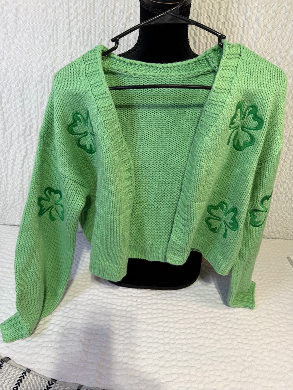 Green Clover Embroidered Open Cardigan Sweater
